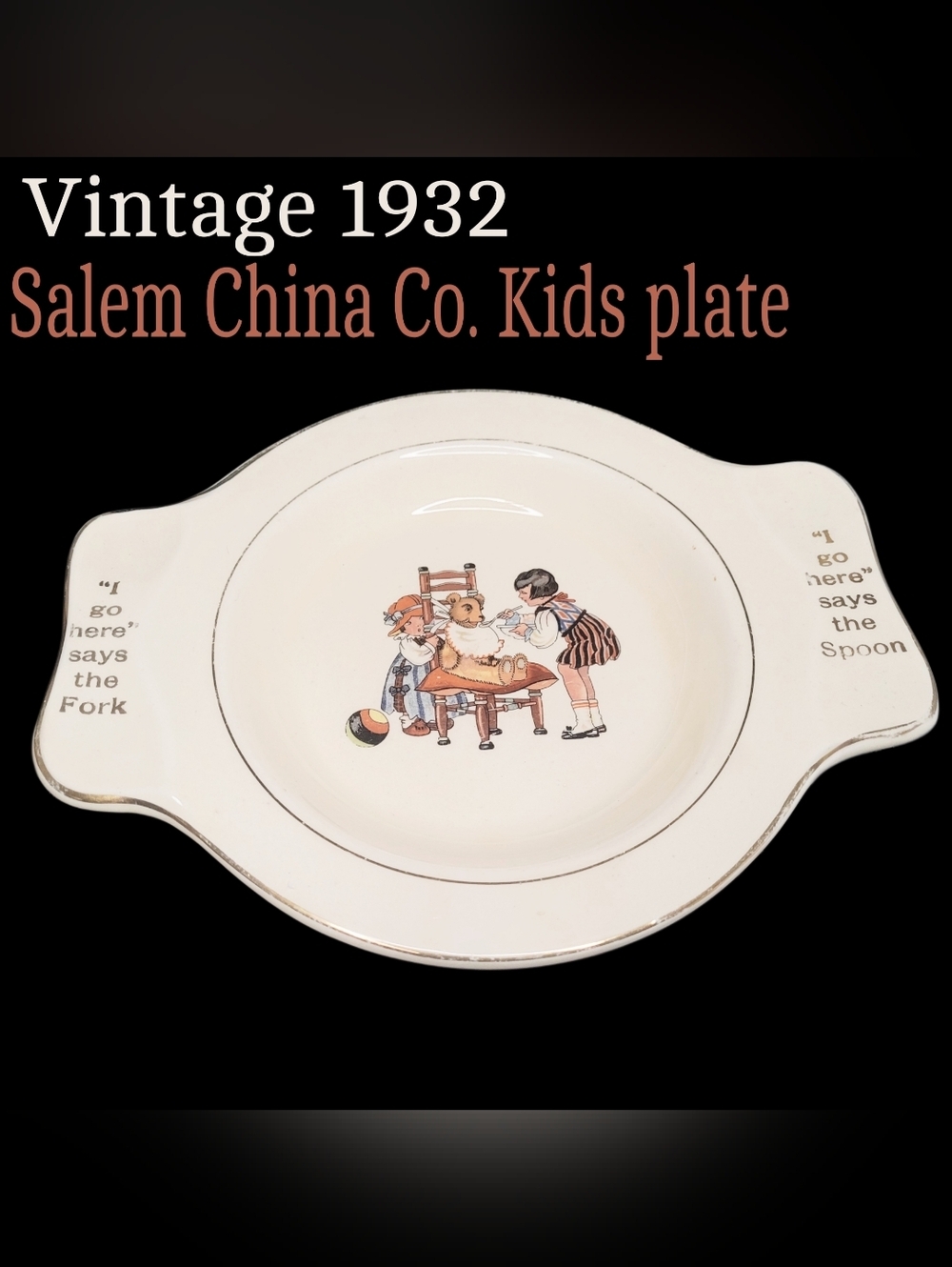 Vintage 1932 Children's China Plate with Multicolor Illustration Art Deco